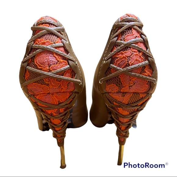 Betsey Johnson | EUC tan stilettos with coral lace and tie in back - Picture 2 of 7